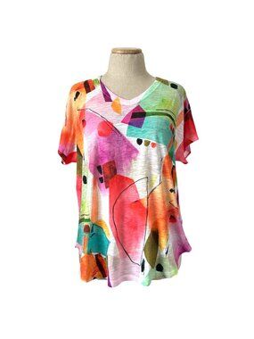 Jess & Jane Womens Sz L Abstract Print V-Neck Short Sleeve Top USA-Made